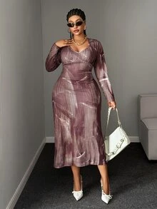 Maweii Plus Size Sexy V-Neck Fitted Print Long Sleeve Women's Dress - Brown - View 6