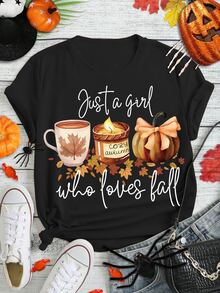 EMERY ROSE Pumpkin Spice Autumn Printed Casual Plus Size T-Shirt - Black - View 1
