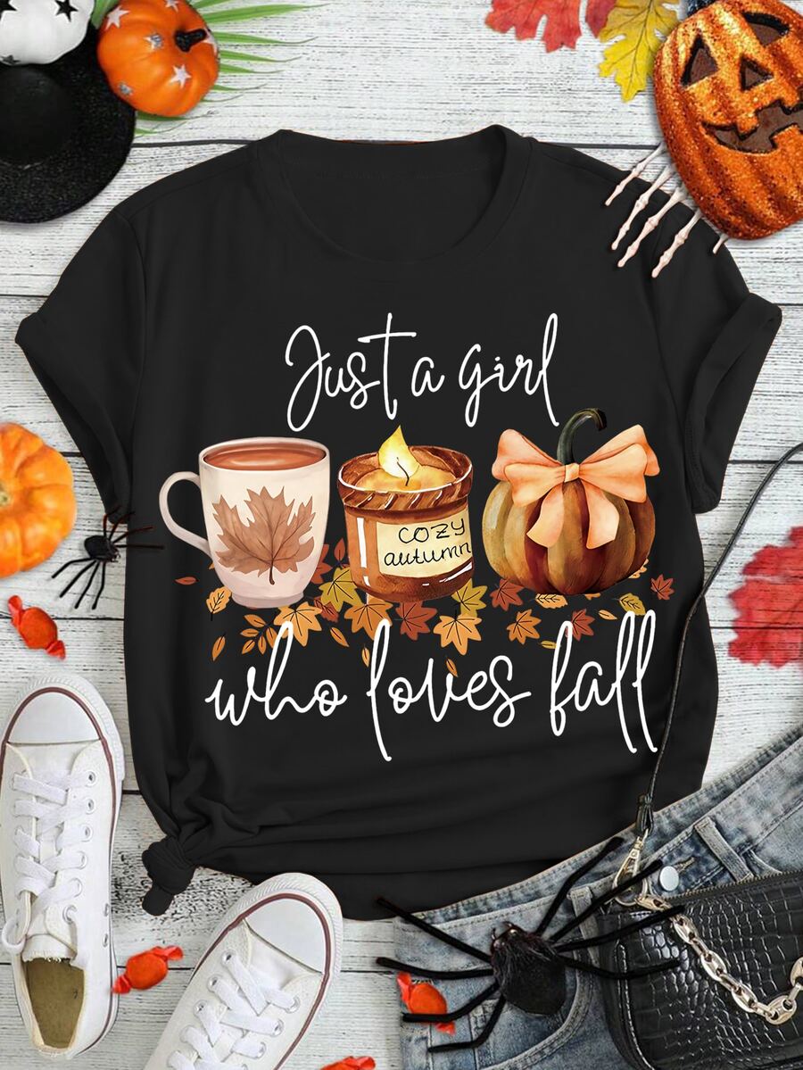 EMERY ROSE Pumpkin Spice Autumn Printed Casual Plus Size T-Shirt - Black - View 1