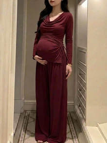 Dazy Maternity Solid Color Elastic Drawstring Tie Cowl Neck T-Shirt & Wide Leg Pants 2 Pieces Set, Elegant Home Wear, Daily, Spring/Autumn, Maternity - Burgundy - View 4