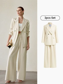 MOTF PREMIUM SET 2 POTONG JAKET DAN CELANA DOUBLE-BREASTED ELEGAN MEWAH UNTUK WANITA - Aprikot - View 8
