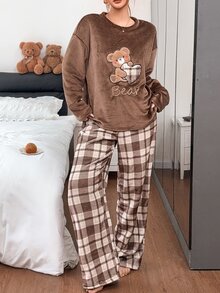 Napfluff Cute Bear Decor Soft Plush Comfortable Home Pajama Set, Soft Girl Style Pattern Long Pants Sleepwear - Brown - View 7