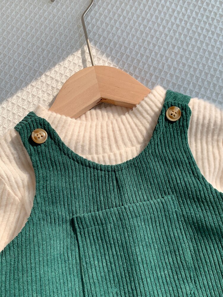 SHEIN Baby Boy Green Versatile Comfortable Corduroy Overalls Long Pants Suitable For Autumn Winter Christmas - Green - View 5