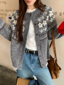 DAZY Women's Round Neck Floral Contrast Color Long Sleeve Autumn/Winter Casual Korean Style Cardigan - Grey - View 10