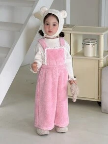 DAZY Baby Girl Frill Trim Plush Overall Casual Romper - Pink - View 8