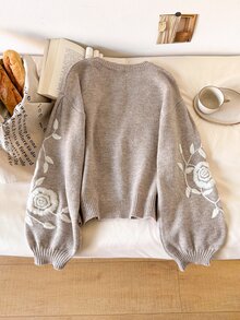 Story & Sage Women's Floral Embroidered Pattern Casual Daily Long Sleeve Sweater - Grey - View 2
