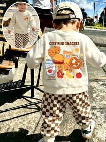 Baby Boy Letter Cookie Print Long Sleeve Sweatshirt And Checkerboard Long Pants Casual Set - Multicolor - View 1