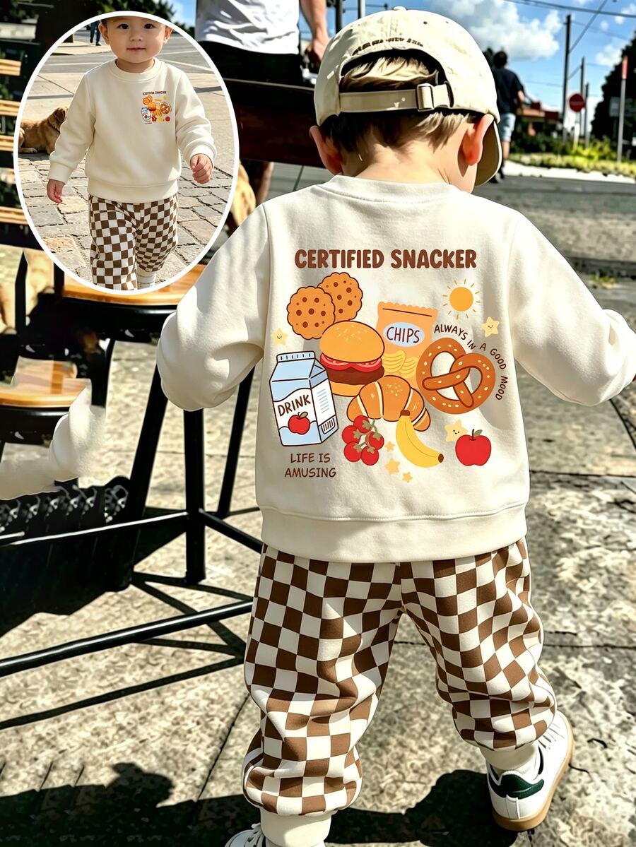 Baby Boy Letter Cookie Print Long Sleeve Sweatshirt And Checkerboard Long Pants Casual Set - Multicolor - View 1