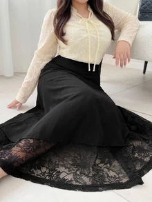 Dazy Plus Fall New Elegant Versatile High Waist Contrast Lace Full Skirt Long Skirt Tea Party Office Formal Black - Black - View 2