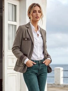 Faunlyn Blazer Tweed Motif Tulang Ikan dengan Trim Kulit Imitasi & Saku Berpenutup, Jaket Berkerah Berlekuk Satu Baris untuk Musim Dingin - Khaki - View 6