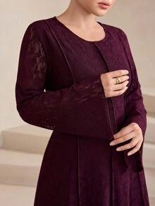 Graceveil Deep Purple Lace Waist-Cinching Round Neck Bell Sleeve Middle Eastern Muslim Arabian Dress - Red Violet - View 6