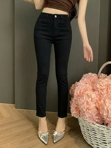 DAZY 女款高腰黑色純色修身鉛筆褲腳踝長度牛仔褲，休閒通勤辦公日常穿著，秋季/ - 黑色 - 查看 6