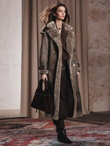 Anewsta Grey Lapel Fur-Trimmed One-Piece Long Coat With Waist Tie For Women - Brown - View 4