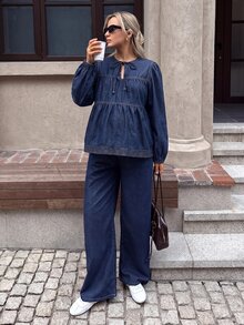 SHEIN 孕婦休閒前綁帶長袖上衣與牛仔褲兩件套 西式女裝 牛仔女郎秋季穿搭 - 藍色 - 查看 9
