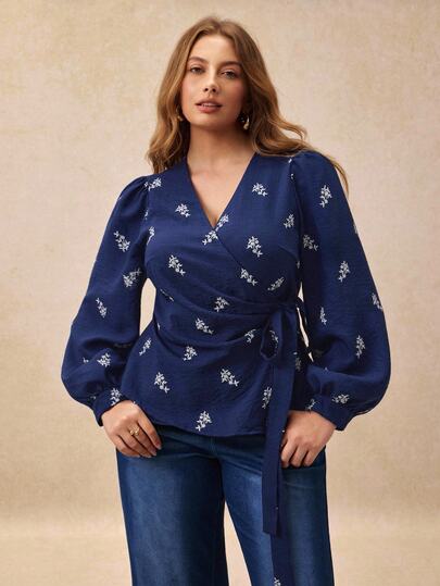 Écloséra Curve Women's Plus Size Floral Long Sleeve Shirt, Women's Plus Size Wrap Shirt, 2026 New Style, Casual, Vacation, Daily Wear, Halloween, Christmas, Valentine's Day