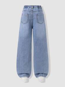 SHEIN Celana Jeans Denim Gaya Y2K untuk Anak Perempuan, Desain Pita Pink dengan Motif Hati dan Jumbai, Pinggang Elastis, Pas Nyaman, Gaya Minimalis Modis dan Serbaguna, Cocok untuk Semua Musim - Light Wash - View 2
