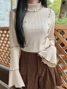 FRIFUL Women's Solid Color High Neck Bell Sleeve Casual Romantic Cute Versatile T-Shirt Brunch Apricot Autumn - Beige - View 6