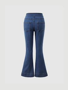 SHEIN Tween Girl) Denim Jeans New All-Season Casual Fashion Minimalist Versatile Front Patch Pocket + Center Distressed Design Washed Light Blue Stretch Flare Jeans - Dark Wash - View 2