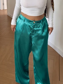 Sunnyshic Glossy Solid Color Draped Straight Leg Pants With Slanted Pockets - Blue - View 6