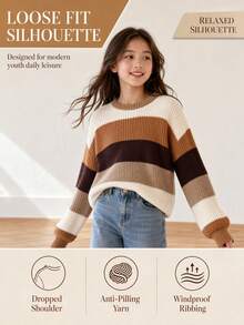 SHEIN 女童秋冬時尚極簡厚針織長袖上衣 - 棕色 - 查看 6