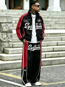 SHEIN 2pcs/Set Men's Teen Casual Y2K Style Activewear Set Red Colorblock Stand Collar Zipper Sweatshirt & Wide Leg Track Pants Fall Clothes Winter - Black - View 3