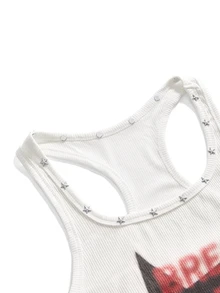 ROMWE Grunge Punk Grunge Emo Girl Distressed Sad Aesthetic Star Slogan Print Punk Metal Star Rivet Fitted Tank Top - White - View 3