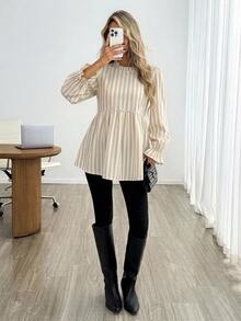 Easowa Women's Casual Printed Autumn/Winter Daily Basic Shirt, Simple Apricot Faux Texture Striped Print Blouse With Puff Sleeves, Suitable For Spring/Autumn Wear - Multicolor - View 2