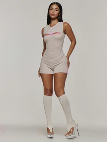 MUSERA Grey Knit Zip Detail Unitard Playsuit Autumn Fall Winter Coolgirl Rave Festival Ultra M - Khaki - View 3