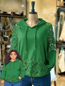 Rusticease Plus Size Sexy Embroidered Hollow Out Pocket Hooded Sweatshirt - Green - View 3