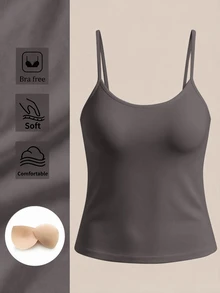 SHEIN BASICS 女款素色休閒日常穿搭細肩帶背心上衣 - 深灰色 - 查看 2