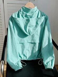Comfortcana 素色前開襟拉鍊長袖休閒連帽防曬輕量外套，秋冬款 - 水鴨藍 - 查看 5