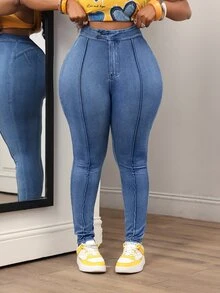 Slaydiva Plus Size Women's High Waist Casual Daily Wear Denim Jeans - Black - View 1