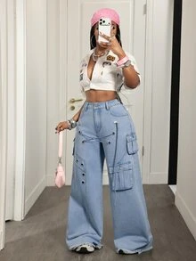 Slaydiva Women's Cross-Design Eyelet Cargo Pocket Wide Leg Casual Denim Jeans - Blue - View 6