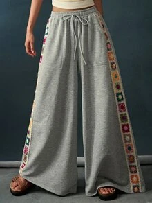 Bohemela Women's Vintage Woven Drawstring Waist Pocket Loose Long Pants - Grey - View 5