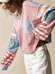 Bohemela Plus Size Women's Patchwork Striped V-Neck Long Sleeve Pocket T-Shirt - Multicolor - View 6