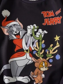 TOM & JERRY X SHEIN كنزة رياضية كاجوال بطبعة حروف وياقة دائرية وأكمام طويلة للأولاد المراهقين - الأسود - مشاهدة 4