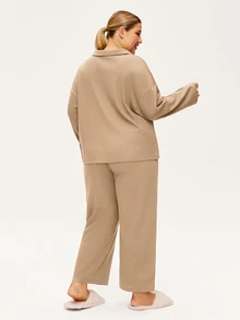 LUVLETTE Piyama Wanita Ukuran Plus Musim Gugur, Bahan Katun Lembut Waffle, Lengan Panjang & Celana Panjang, Set Piyama Santai 2 Potong dengan Kantong, Celana dengan Kantong, Piyama Musim Gugur - Aprikot - View 12