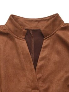 Balvessa Women's Solid Color Notch V-Neck Pocket Casual Dress - Coffee Brown - View 6