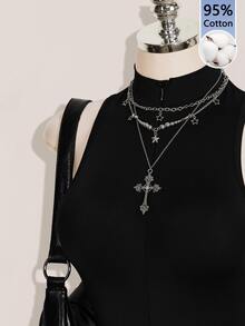 SHEIN ICON Women's Stand Collar Back Patchwork Chinese Dragon Mesh Sleeveless Fitted Romper Unitard - Black - View 6