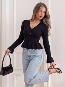 KARISMINA Elegant Black Ribbed Knit Flare Sleeve Ruffle Hem Slim Fit Cardigan,Fall Winte,Contrast Trim,Elegant Cardigan,Christmas,French Style - Black - View 5