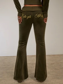 SHEIN BAE Women's Letter Embroidered Fashion Flare Pants - Olive Green - View 7