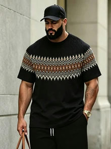 Manfinity Homme 男士時尚印花短袖T恤，休閒舒適優雅上衣，適合日常街頭穿搭，男士戶外運動T恤 - 黑色 - 查看 3
