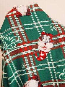Doze Lane Christmas Classic Red & Green Plaid Santa Claus Pattern Print Lapel Long Sleeve Pajama Set - Green - View 7