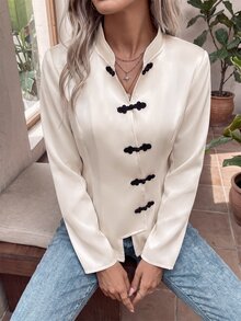 SHEIN Women's Elegant Chinese Style Long Sleeve Jacket With Frog Button Design - Beige - View 6