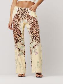 Musera Petite Lace Up Straight Leg Printed Jeans Autumn Winter Back To School Daily Everyday - Multicolor - View 2