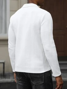 Calvornis 男士純色紋理布料商務休閒長袖 Polo 衫，送給丈夫/男友的日常禮物，適用萬聖節、聖誕節、新年 - 白色 - 查看 4