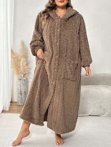 SHEIN CURVE+ Plus Size Women's Flannel Hooded Plush Robe, Thickened Winter Pajamas, Lined, Comfortable For Autumn - Brown - View 4