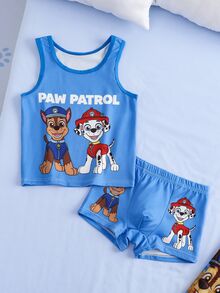 SHEIN | PAW Patrol طقم تانك توب وشورتات بطباعة كرتونية وحروف للأولاد الصغار - ازرق ضبابي - مشاهدة 1