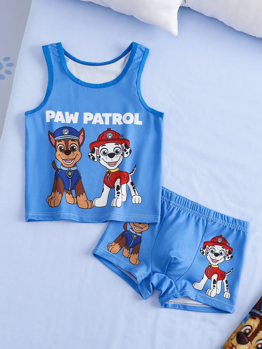 SHEIN | PAW Patrol طقم تانك توب وشورتات بطباعة كرتونية وحروف للأولاد الصغار - ازرق ضبابي - مشاهدة 1