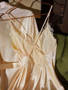 SilkySpell Women's Sexy Faux Silk Pajama Set, Yellow Heavy Embroidery Patchwork Silky Sleepwear Home 4-Piece Set - Yellow - View 6